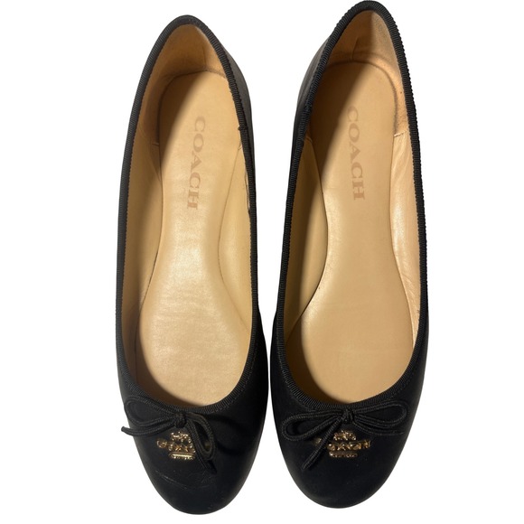 COACH Black Leather Ballet Flats with Bow and Gold Logo Accent Size 7.5 - Picture 3 of 8